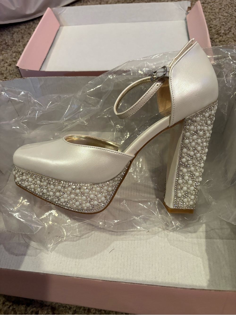 Ivory Pearl-Embellished Platform Mary Jane Pumps